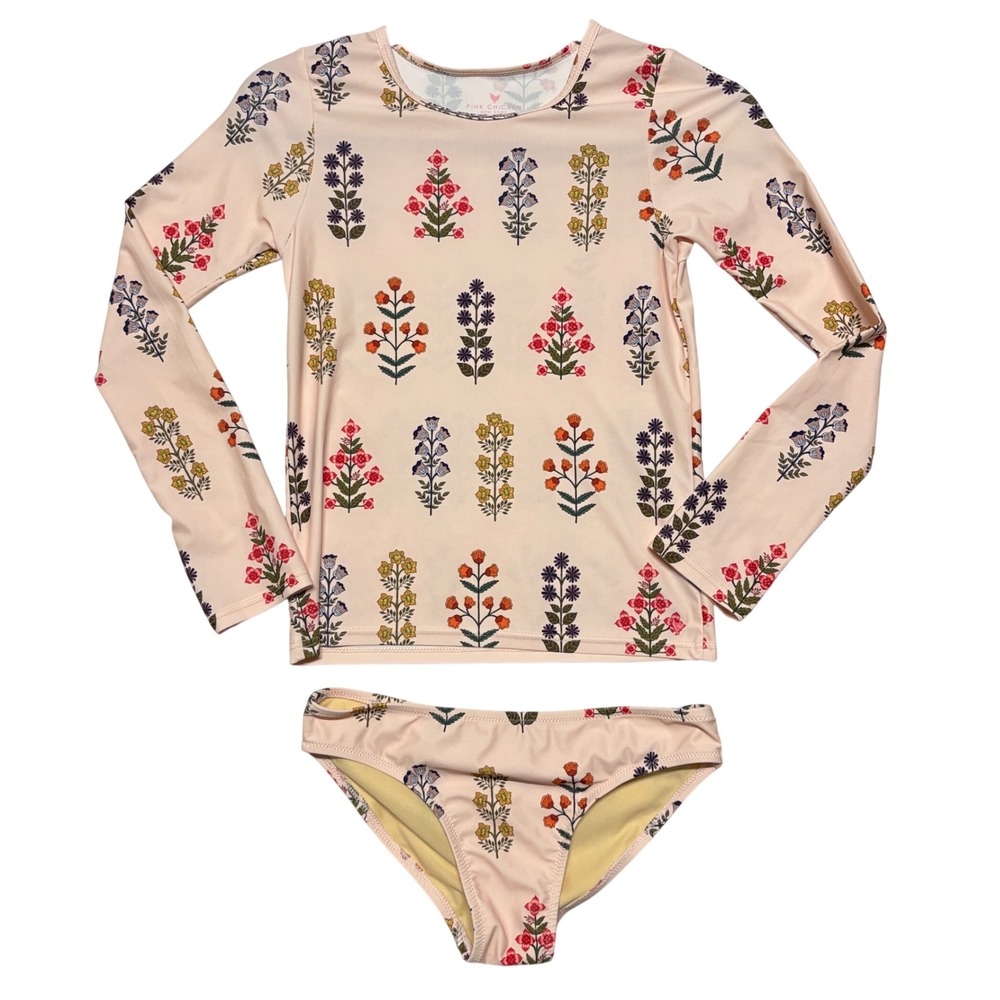 Pink Chicken Girls 14Y Floral Rash Guard Swimsuit Set Pink Long Sleeve 2 Piece